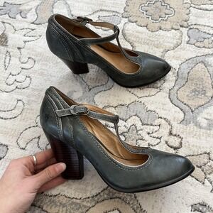 Frye Betty T Strap Pump Shoes Womens Size 9 Green Leather Cone Heel Mary Jane